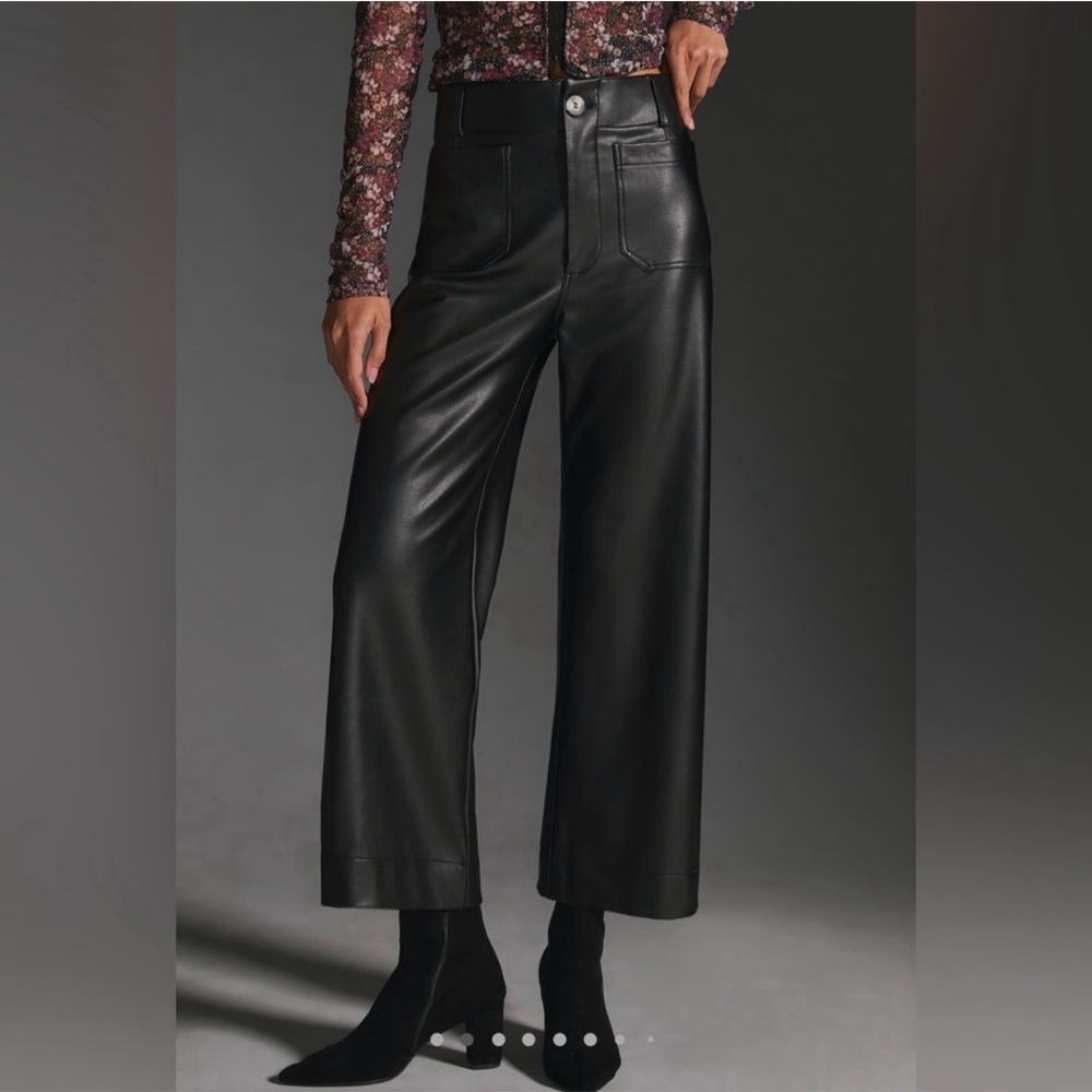 Anthropologie Maeve Colette Black Faux Leather High Rise Wide Leg Pants Size 29 - Picture 5 of 5